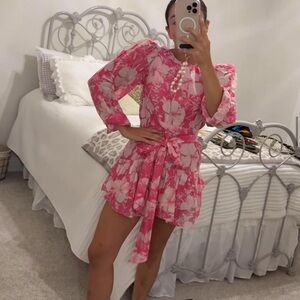 Elegant Pink Floral Long Sleeve Dress